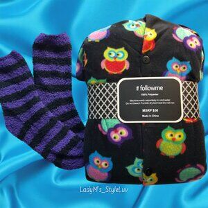 Women's Comfy, Cozy Minky Black Fleece PJs with Colorful Owl Print & Socks